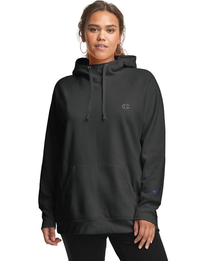 Champion Womens Hoodie NZ - Plus Powerblend Classic Embroidered C Logo Black ( 7609-EVILG )